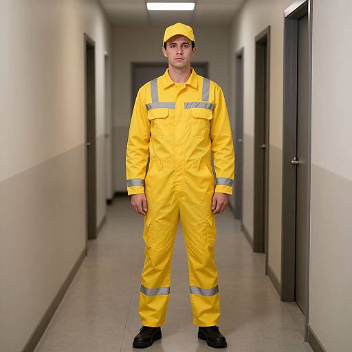 Photograph of a young man in a bright yellow work jumpsuit with silver stripes, black shoes, and a yellow cap, standing in a sterile,