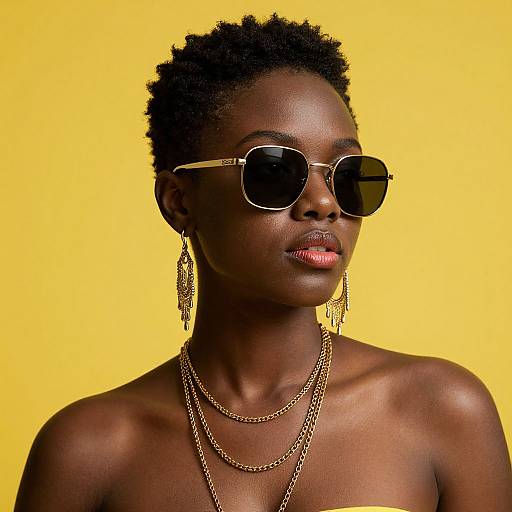 Photograph of a confident, dark-skinned woman with short, curly hair, wearing round sunglasses, gold chain necklaces, and dangling earrings against a