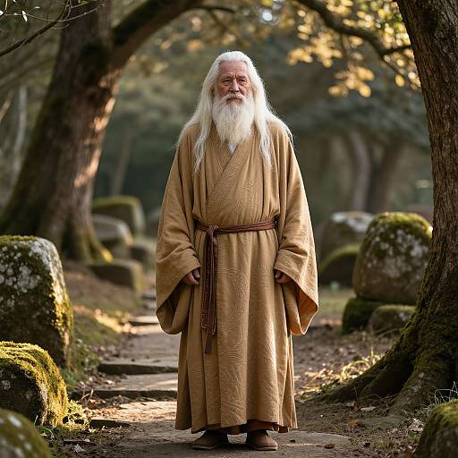 Photograph of an elderly white man with a long white beard and long white hair, wearing a beige robe, standing on a moss-covered forest path with