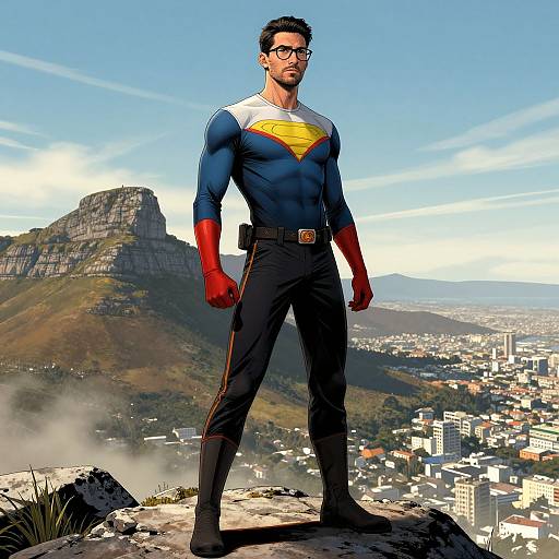 Photorealistic digital artwork of a muscular, dark-haired Superman in blue and red costume, standing on a mountain ledge with a cityscape and mountain in