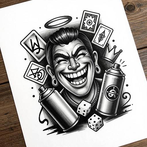 Chicano Art Grinning Character with Spray Cans and Dice