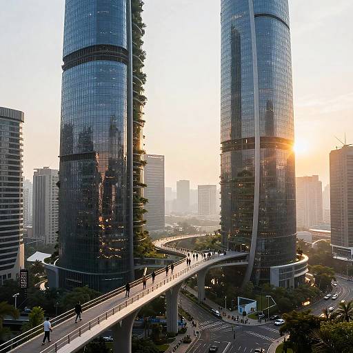 Photograph of a modern cityscape at sunset, featuring two tall, cylindrical glass skyscrapers with reflective surfaces, a curved pedestrian bridge, and surrounding