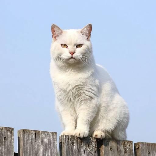 Photograph of a white cat with yellow eyes sitting on weathered wooden fence against a clear blue sky.