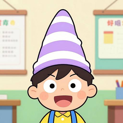 Cartoon boy with large, purple-and-white striped hat, black hair, wide eyes, open mouth, yellow shirt, blue suspenders, classroom background