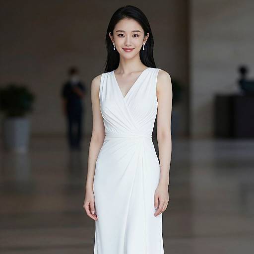 Photograph of an Asian woman with long black hair, wearing a sleeveless, white, V-neck dress, standing on a glossy floor, smiling,