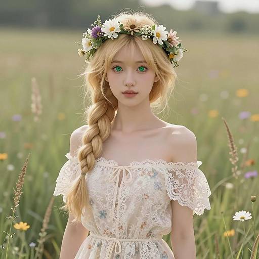 Elegant Young Woman in Floral Landscape