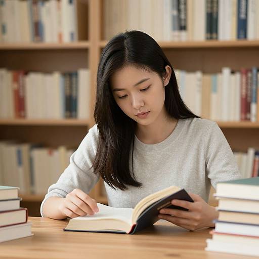 Asian woman with long black hair, wearing white sweater, reading a book in a library with wooden bookshelves in the background.