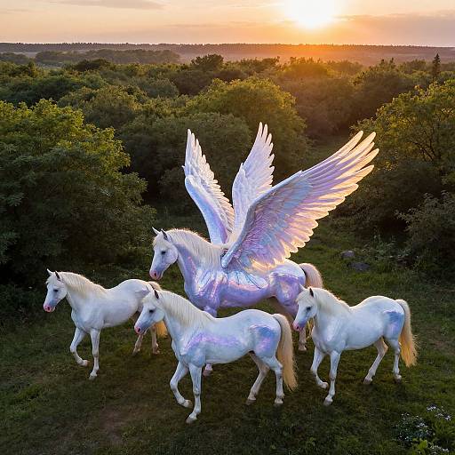Photograph of a white Pegasus with glowing wings leading three white horses through a lush, sunlit forest at sunset.