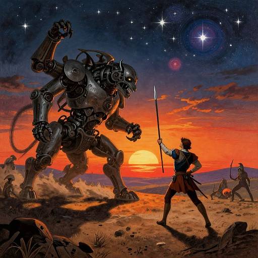 Digital fantasy artwork: Silhouetted warrior with sword faces giant mechanical creature under a starry, orange sunset sky in a rocky desert.