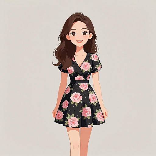 Digital illustration of a smiling woman with long brown hair, wearing a black floral dress with pink roses, standing against a plain white background.