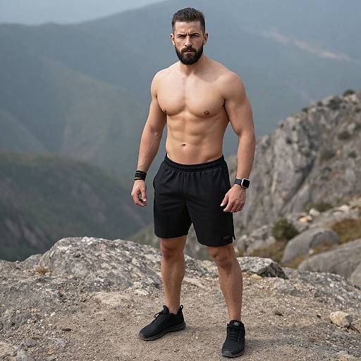 Photograph of a muscular, bearded man with dark hair, shirtless, wearing black shorts and sneakers, standing on a rocky mountain peak. Background