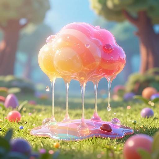 Photorealistic digital art of a glowing, pink and orange, jelly-like substance dripping on grass with scattered colorful eggs in a sunlit, forested