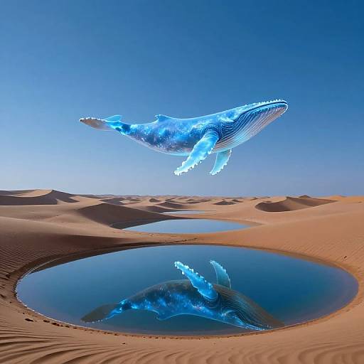Digital artwork of a glowing blue whale hovering above a desert oasis, reflecting in a clear, round waterhole under a bright blue sky.