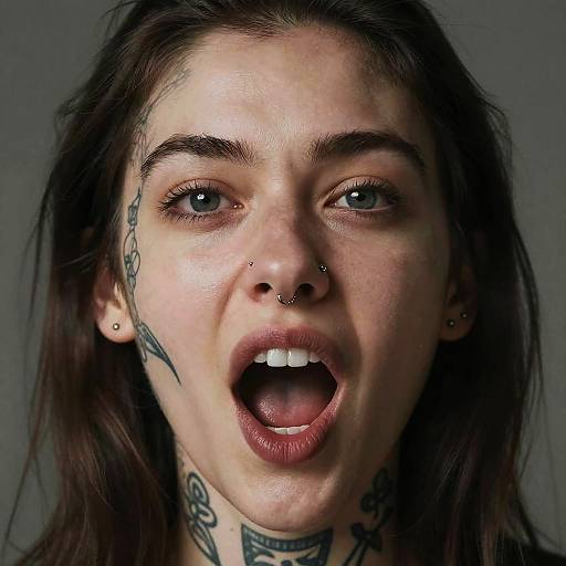Close-up photograph of a young woman with pale skin, dark brown hair, blue eyes, nose ring, lip piercing, and multiple tattoos, mouth open