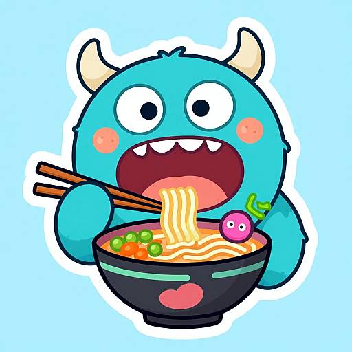 Cartoon blue monster with horns eating noodles from a bowl with chopsticks, green peas, and a pink cherry on a blue background.