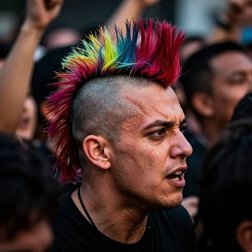 Photograph of a young man with a colorful, spiked mohawk, short sides, and visible scars, wearing a black shirt, amidst a crowd.