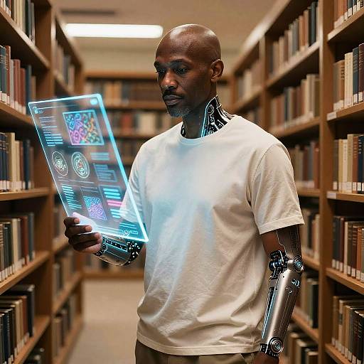 Photograph of a black man with robotic arms in a white t-shirt, holding a glowing tablet displaying QR codes, in a library aisle with wooden book