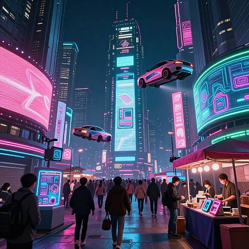 Neon-lit, futuristic city street at night, bustling with pedestrians, neon signs, two floating cars, and illuminated market stalls. Photorealistic