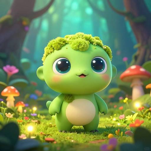 Cute CGI green baby creature with moss head, big blue eyes, standing in enchanted forest with glowing mushrooms and colorful flowers.