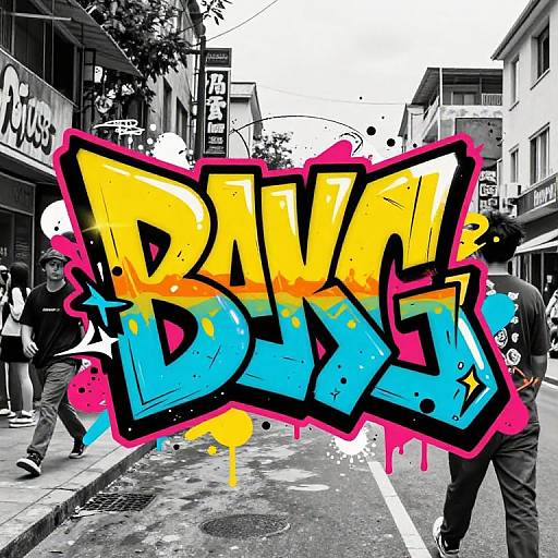 Photograph of vibrant graffiti with bold yellow, blue, and pink 