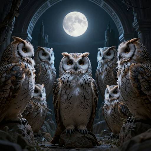 Photorealistic digital artwork of seven owls with detailed feathers, staring forward under a bright full moon in a dark, arched stone cavern.