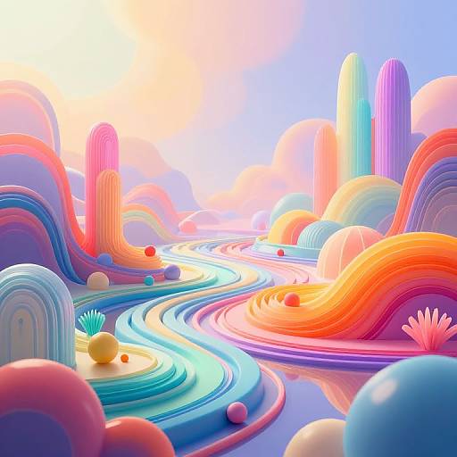 Vibrant digital artwork featuring colorful, swirling waves of pink, orange, blue, and purple, with tall, cylindrical structures and glowing spheres. Bright