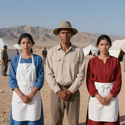 Three People in Desert Camp with Tent and Mountains