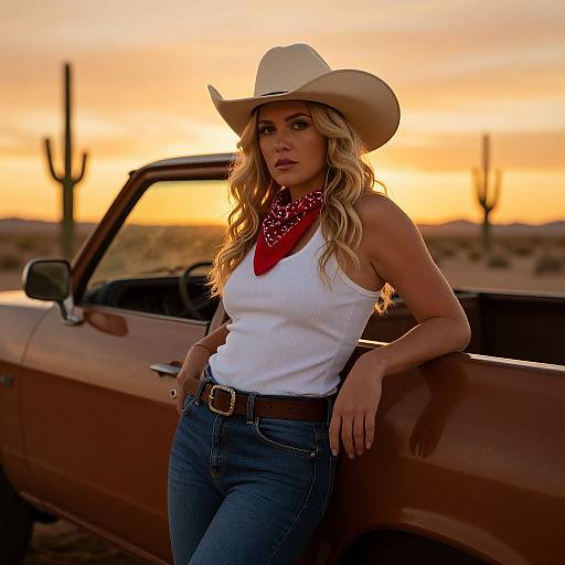 Blonde Woman by Desert Pickup Truck