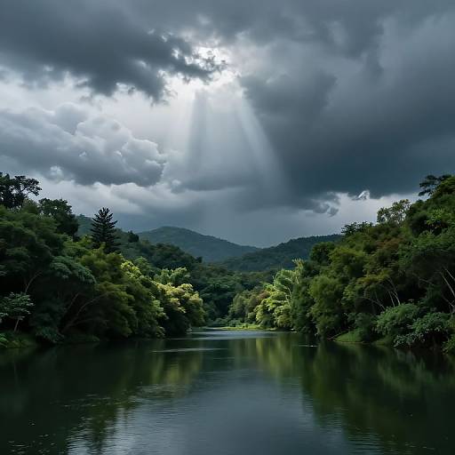 Photograph of a serene, reflective lake surrounded by dense, green foliage under a dramatic sky with sunbeams piercing through dark clouds.