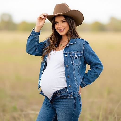 Photograph of a pregnant woman with long brown hair, wearing a brown cowboy hat, blue denim jacket, and white tank top, smiling in a sun