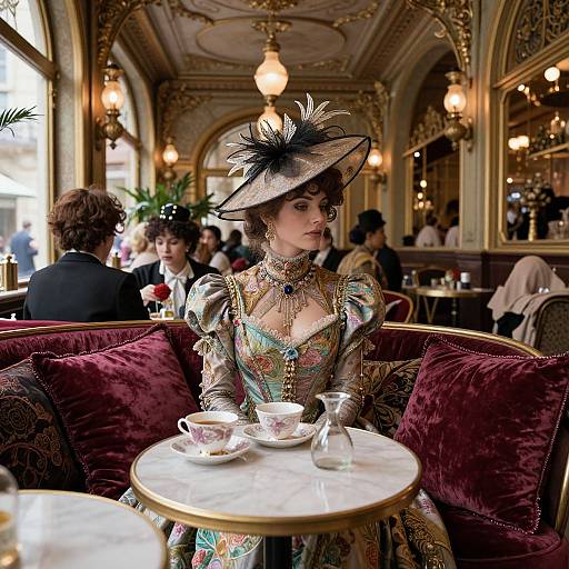 Edwardian-era woman in elaborate dress and feathered hat, sipping tea in ornate, vintage café with opulent decor and patrons.