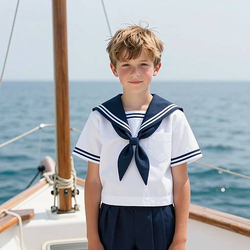 Photograph of a young boy with messy brown hair, wearing a white sailor uniform with a navy blue tie and skirt, standing on a sailboat deck