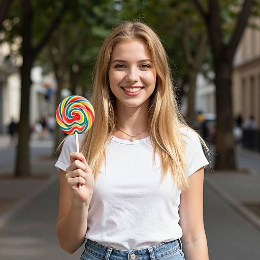 Photograph of a smiling young blonde woman with straight hair, wearing a white t-shirt and blue jeans, holding a colorful swirl lollipop, standing on