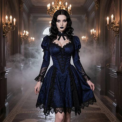 Photographic image of a gothic woman with black lace dress, dark lipstick, wavy black hair, standing in a foggy, candlelit hallway