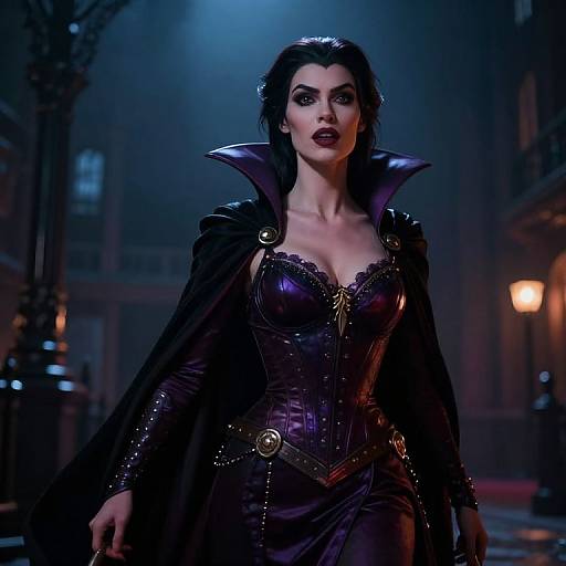 Photograph of a dark-haired woman in a gothic vampire costume, featuring a black cape, purple leather corset, and high collar, standing confidently