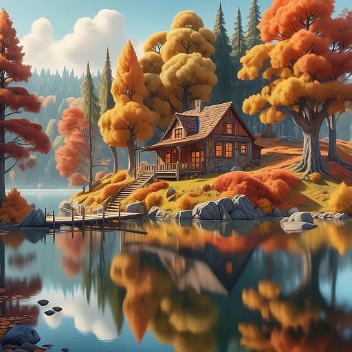 Autumn Cabin by Lake with Canoe