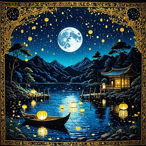Moonlit Lake with Floating Lanterns and Ornate Frame