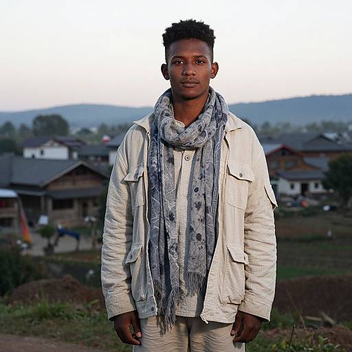 Photograph of a young Black man with short curly hair, wearing a white jacket and gray patterned scarf, standing outdoors against a rural background with houses