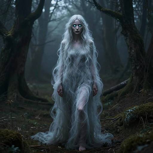 Digital painting of a ghostly, pale-skinned woman with long, flowing white hair, standing in a dark, misty forest, wearing a translucent