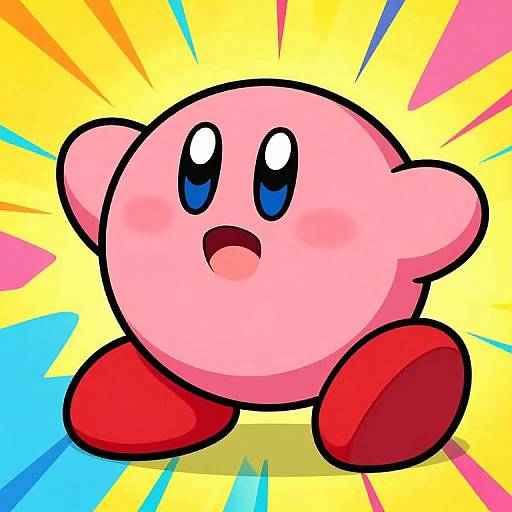 Colorful digital drawing of Kirby, a round pink character with blue eyes, red shoes, and arms raised, against a radiant yellow and blue background.