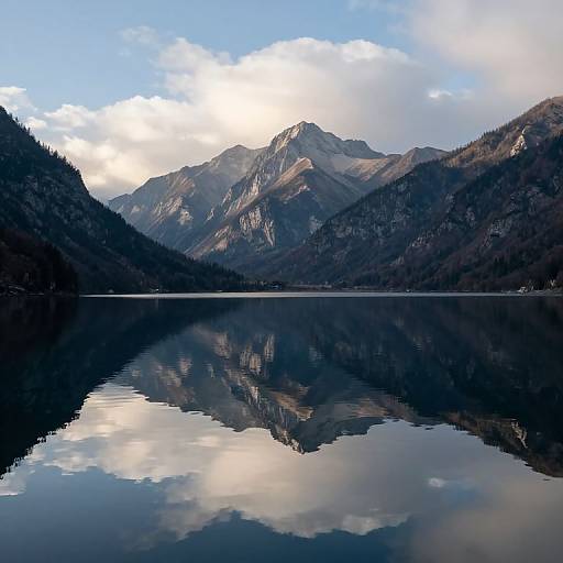 Photograph of a serene mountain lake reflecting clear blue sky and white clouds, surrounded by dark, forested hills and towering, rugged mountains.