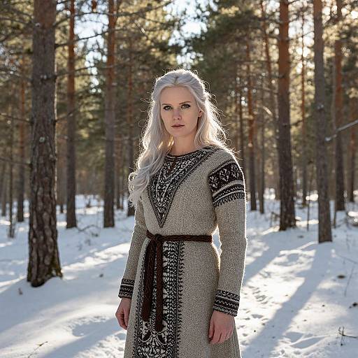 Photograph of a pale-skinned woman with long white hair, wearing a black and white patterned long dress, standing in a snowy forest with tall