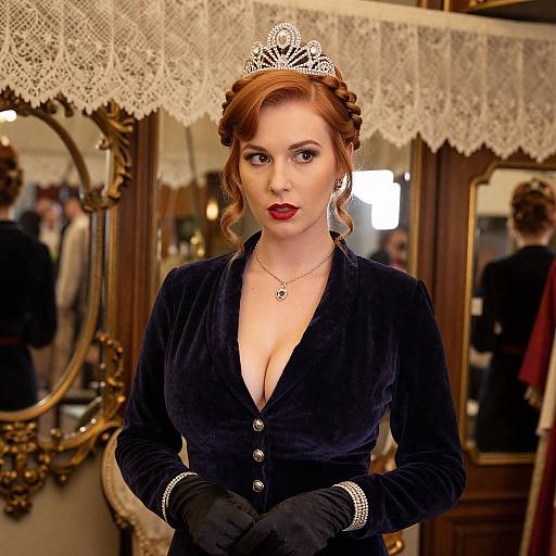 Photograph of a fair-skinned woman with red hair, wearing a silver tiara, deep blue velvet dress, black gloves, and red lipstick,
