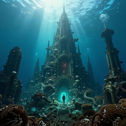 Photograph-style CGI of an underwater, bioluminescent cathedral with towering spires, surrounded by coral and marine life, bathed in blue light