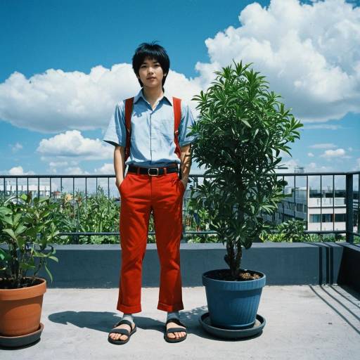 Young Man Standing Outdoors with Potted Plants