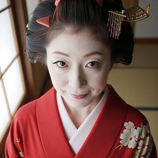 Photograph of a Japanese woman in a red kimono with white floral embroidery, black hair styled in an elaborate updo, wearing a gold hairpin
