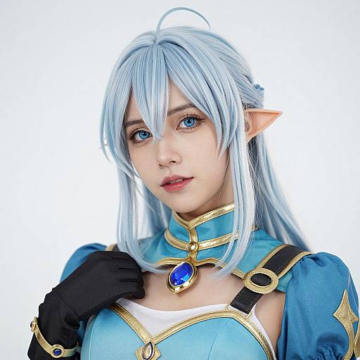 Photograph of a young woman in a detailed blue elf cosplay with long white hair, pointed ears, blue eyes, black gloves, and gold-accent