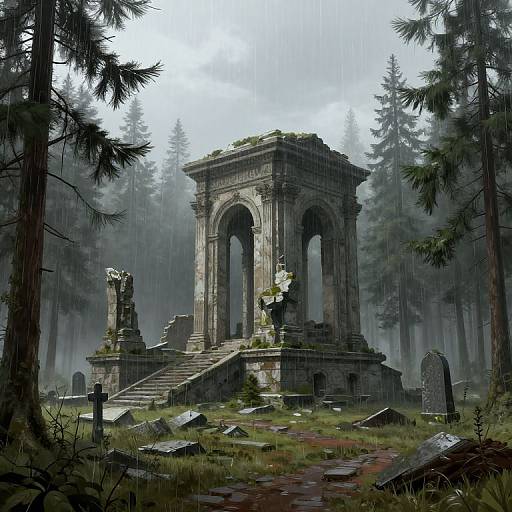 Digital painting of a moss-covered, ancient stone ruin with arches, surrounded by tall pine trees in a misty, rainy forest. Grave markers and