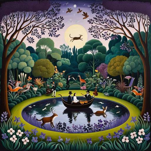 Dreamlike Garden with Floating Couple and Mythical Creatures