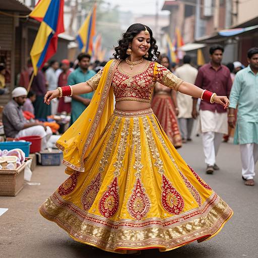 Photograph of a South Asian woman in a vibrant yellow and red embroidered lehenga, dancing on a busy street, surrounded by people and colorful flags.